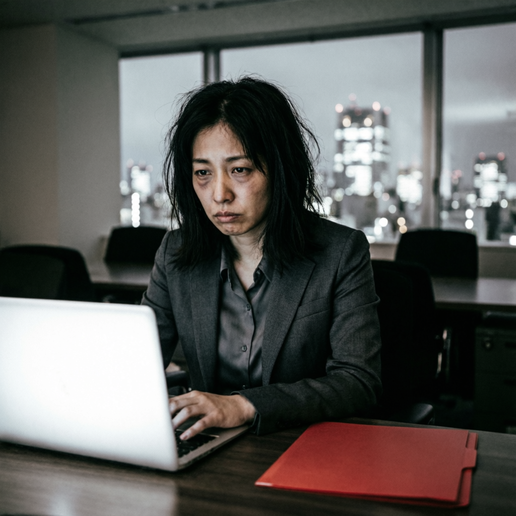 深夜のオフィスでひとり働く女性のモノクロ写真。机の上には赤いフォルダ。女性の社会進出と働きにくさを象徴する。